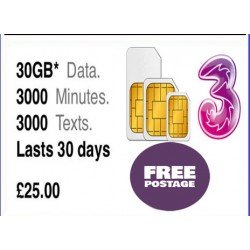 30GB Data + 3000 UK Minutes + 3000 UK Texts Pre-loaded Three Trio-SIM